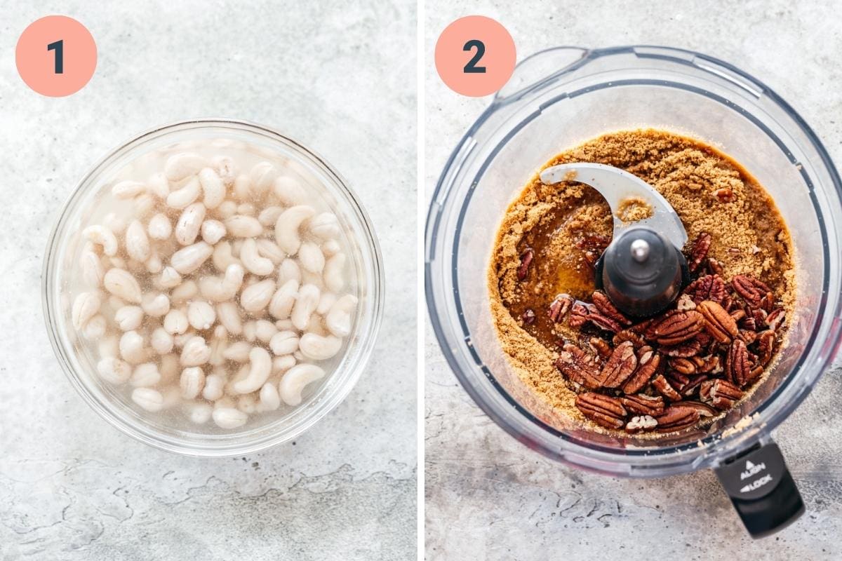 on the left: soaking cashews in water. on the right: graham cracker crust ingredients in food processor. 