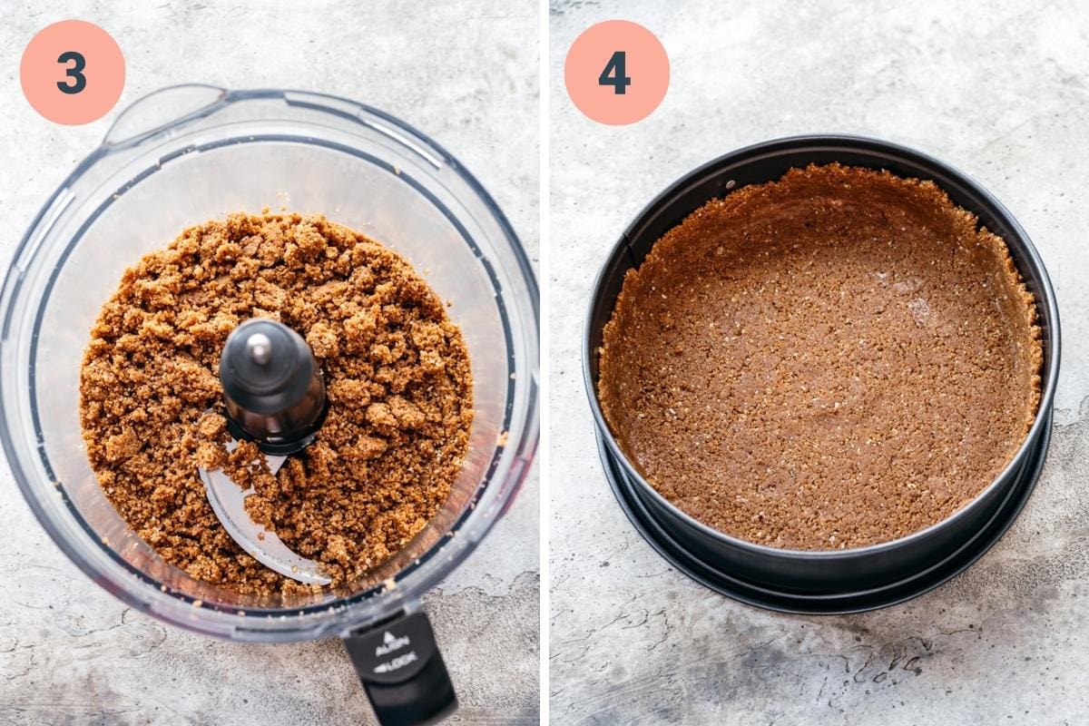 Crust ingredients in food processor and pressed into springform pan.