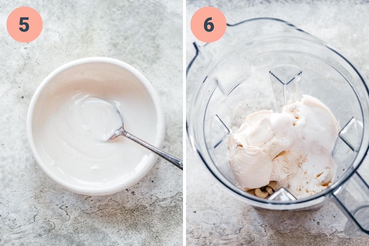 on the left: melted white chocolate in bowl. on the right: cheesecake filling ingredients in blender. 