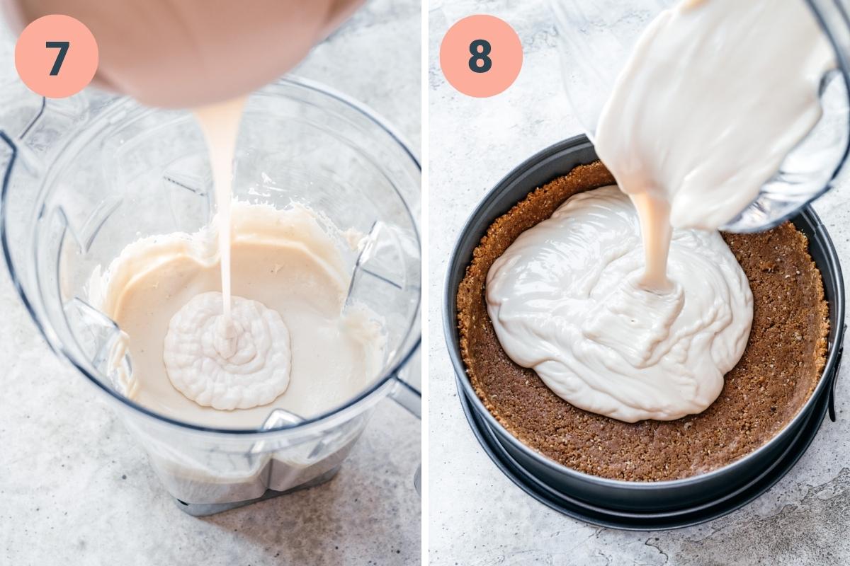 cheesecake filling in blender and pouring into crust. 