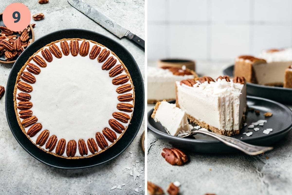 finished no bake white chocolate cheesecake topped with pecans and on plate with bite taken out. 