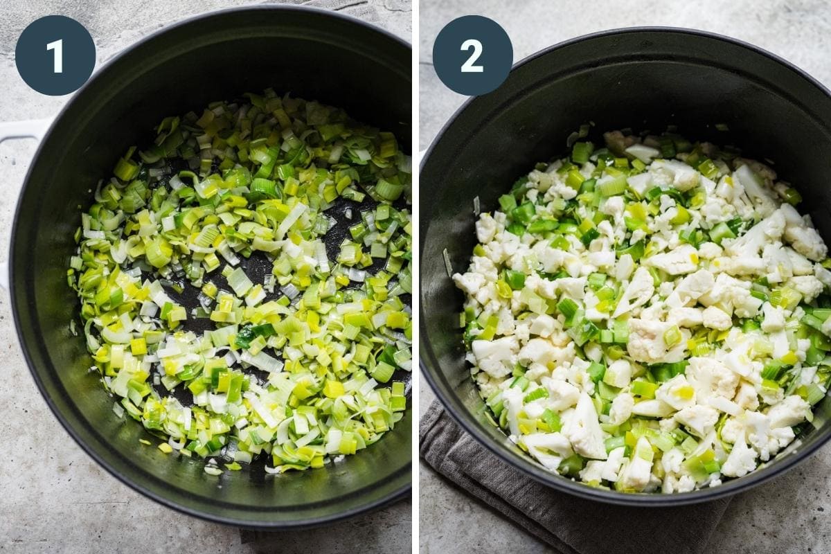 On the left: sauteed leeks and garlic in pot. on the right: added in cauliflower and celery. 