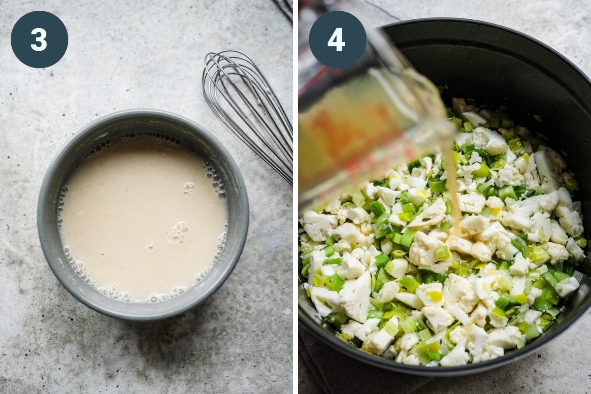 on the left: flour and broth mixture in bowl. on the right: pouring broth into soup pot. 