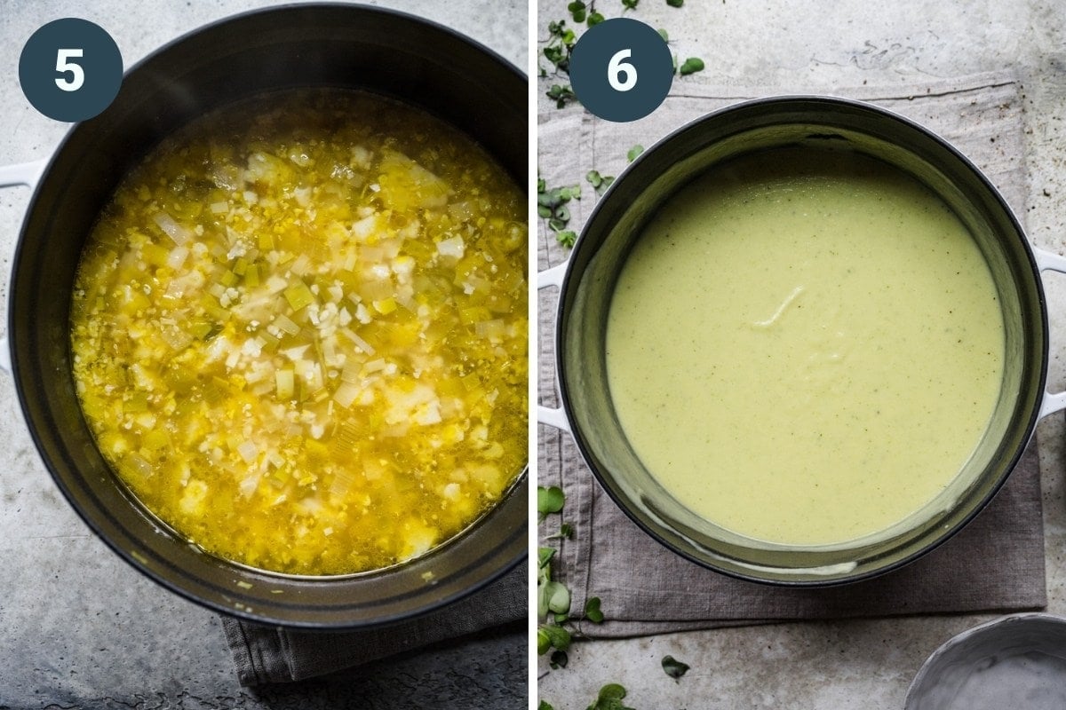 Before and after blending cauliflower leek soup.