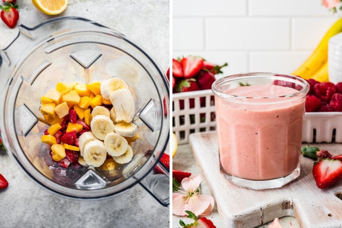 Before and after blending mango strawberry banana smoothie. 