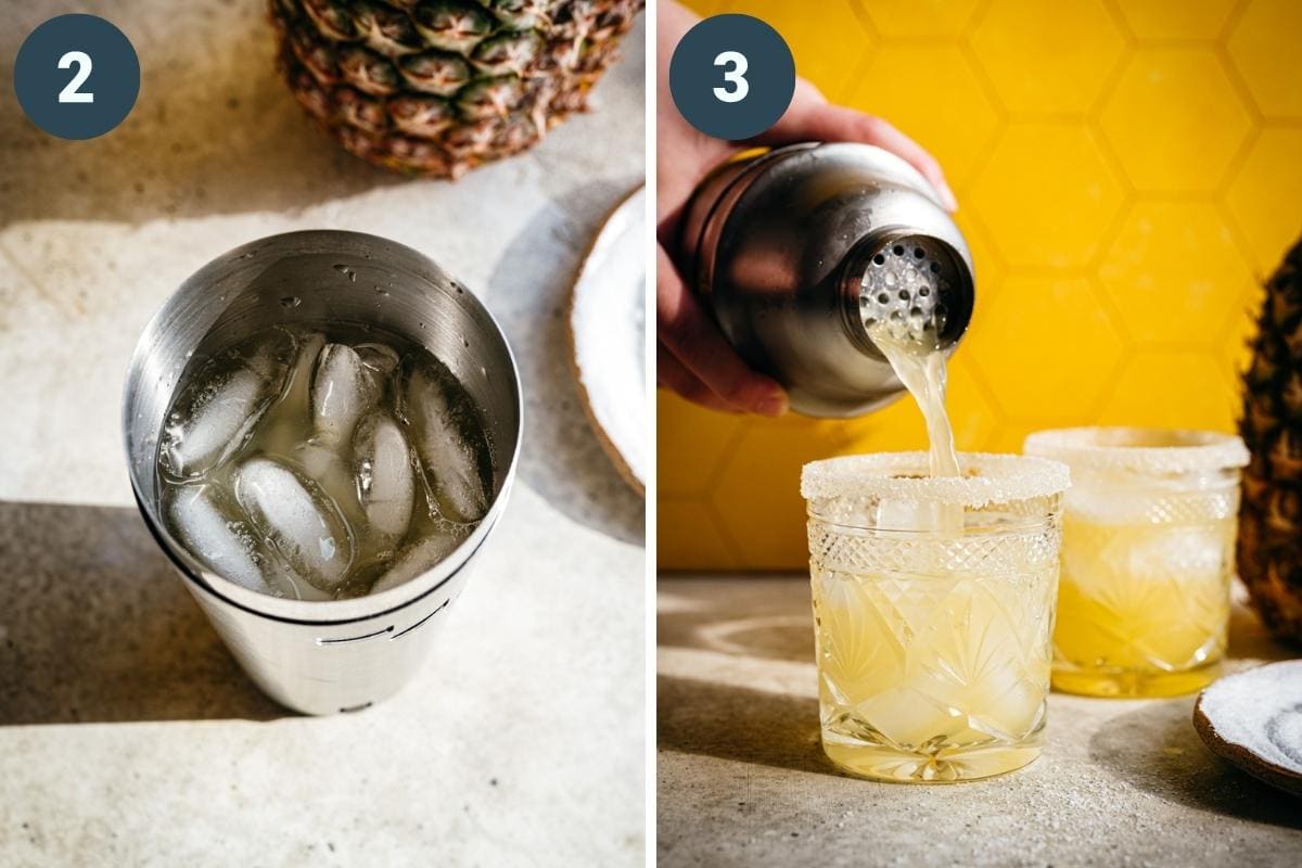 Pineapple margarita in cocktail shaker and pouring into glass. 