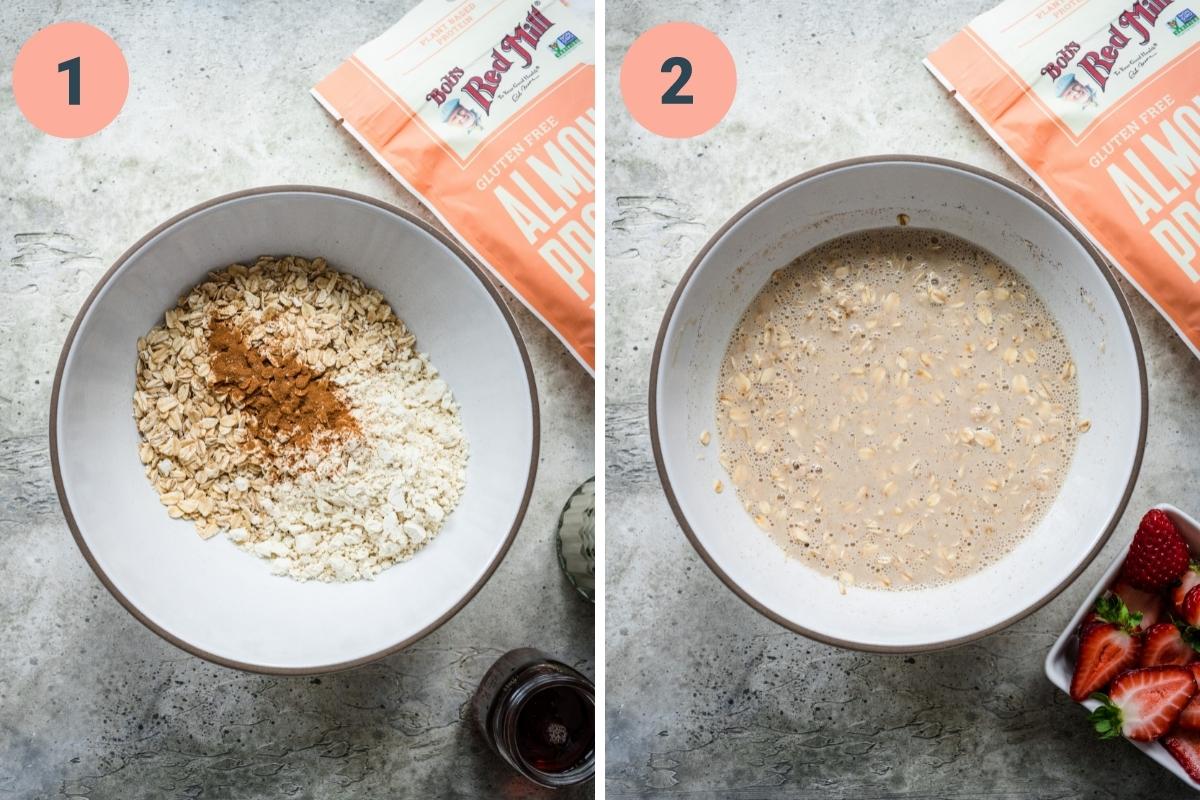 before and after adding wet ingredients to dry ingredients for protein overnight oats. 