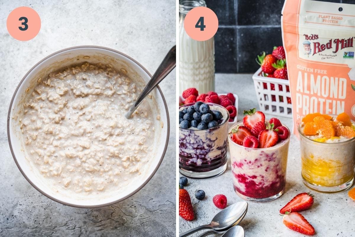 Protein overnight oats in a bowl and styled jars with different types of fresh fruit on top. 