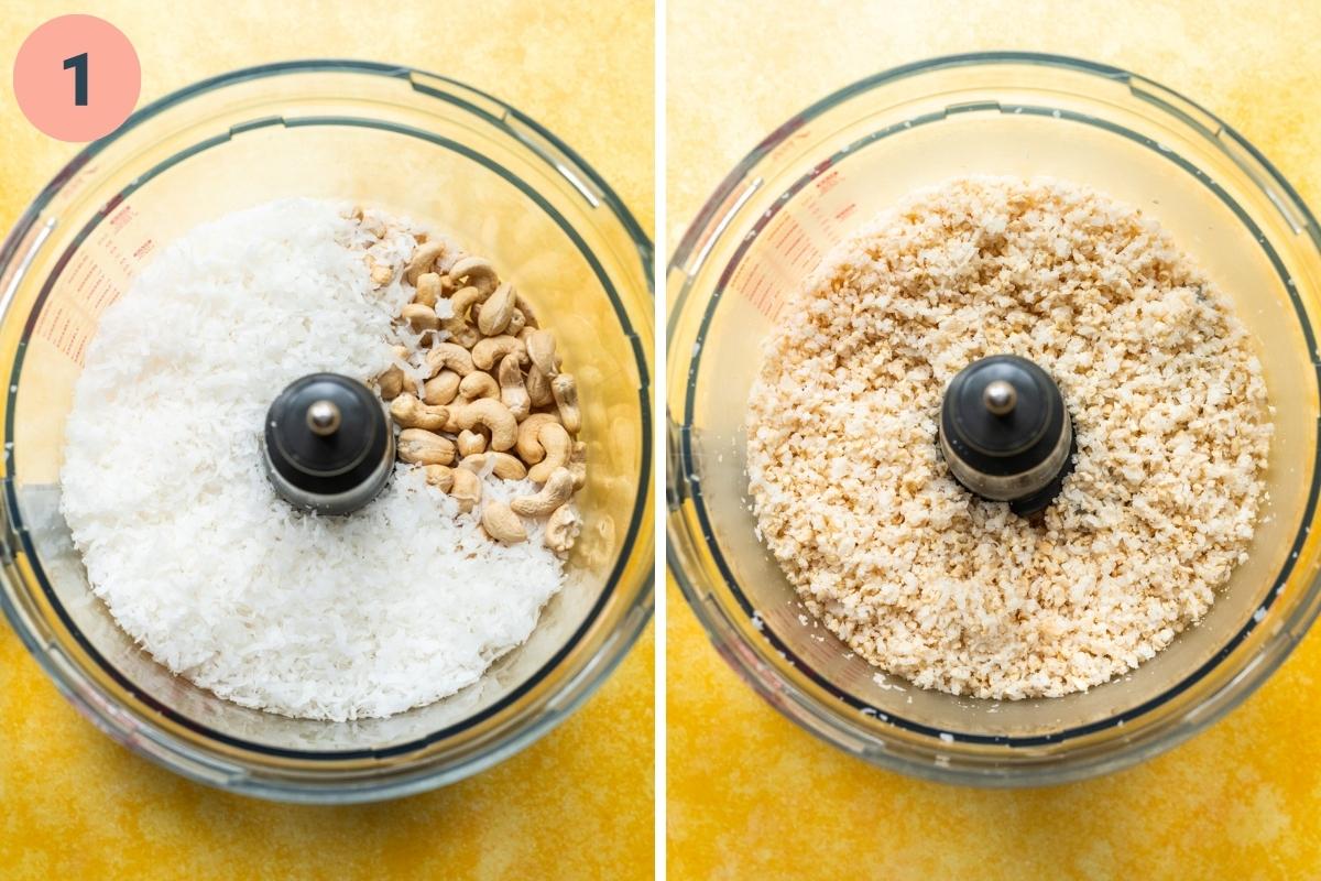 Before and after pulsing coconut and cashews in food processor. 