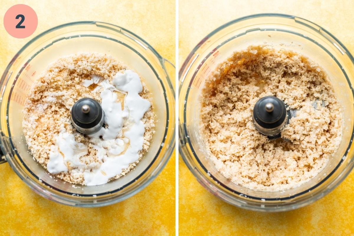 Before and after pulsing coconut easter egg ingredients in food processor. 