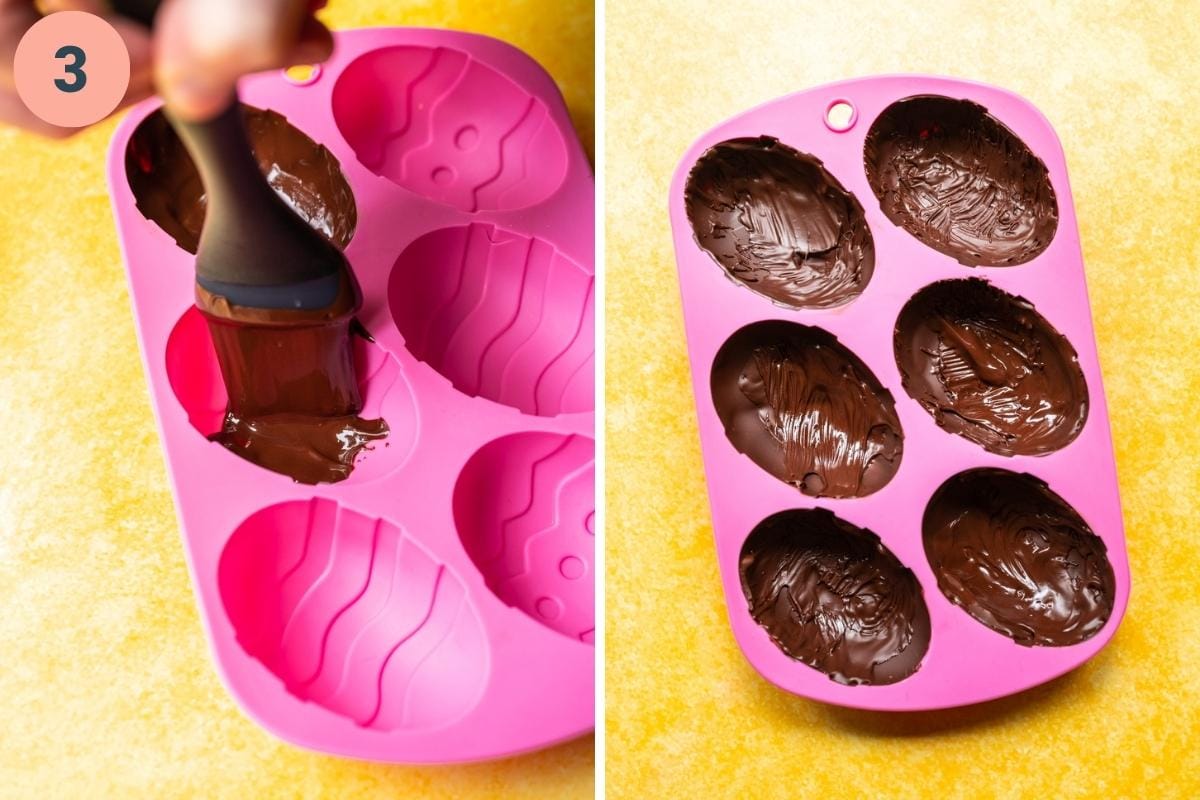Brushing dark chocolate into easter egg candy mold. 