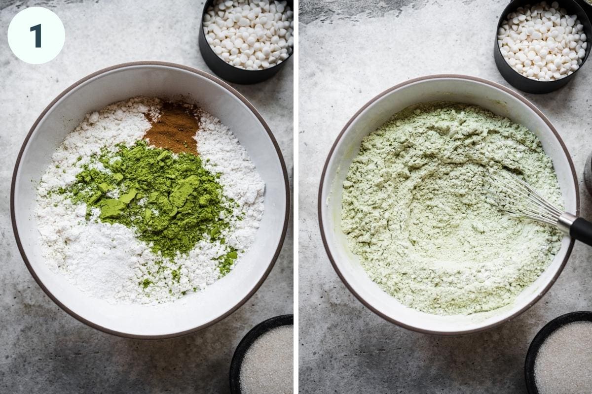 Before and after mixing together dry ingredients for vegan matcha cookies. 