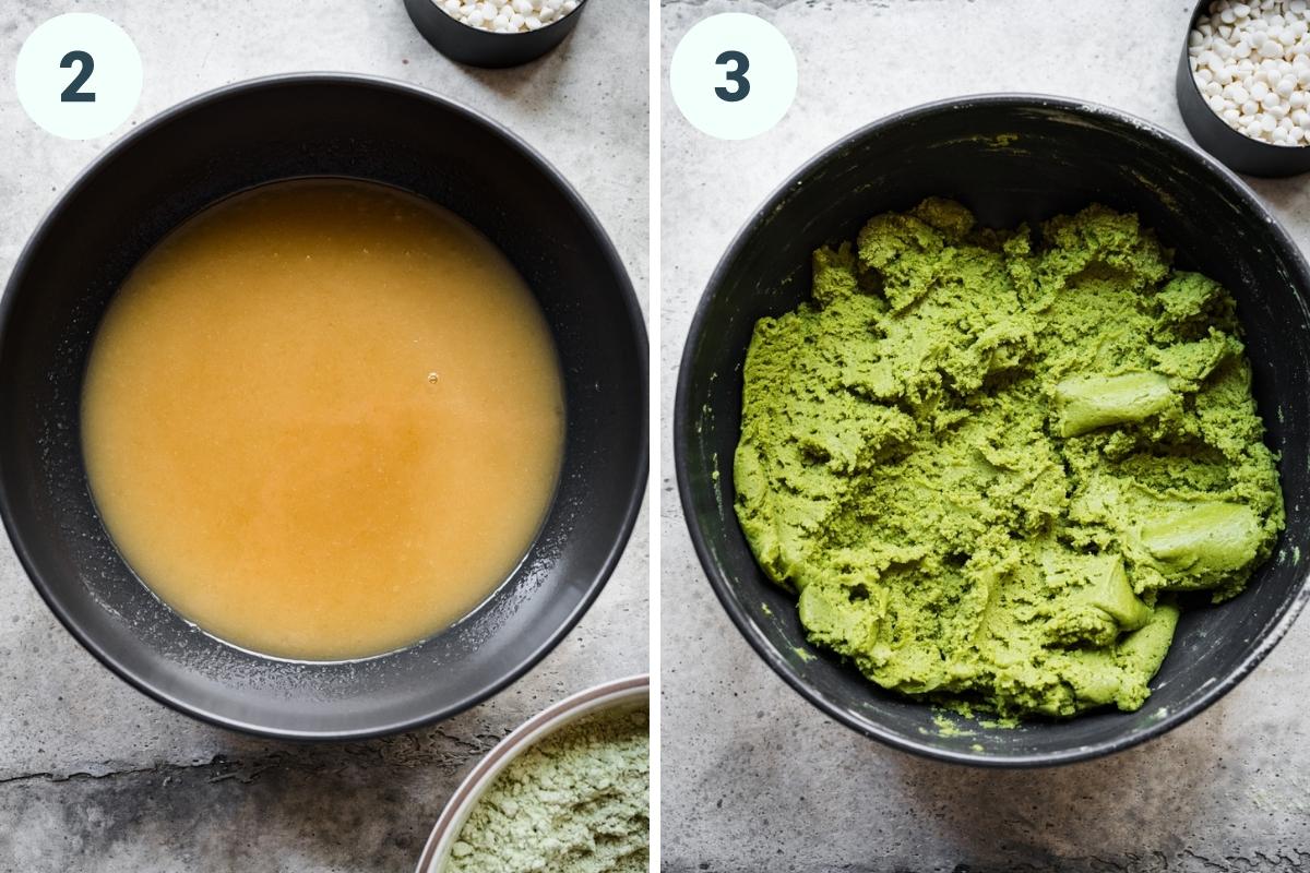 on the left: wet ingredients in mixing bowl. on the right: matcha cookie dough in bowl. 