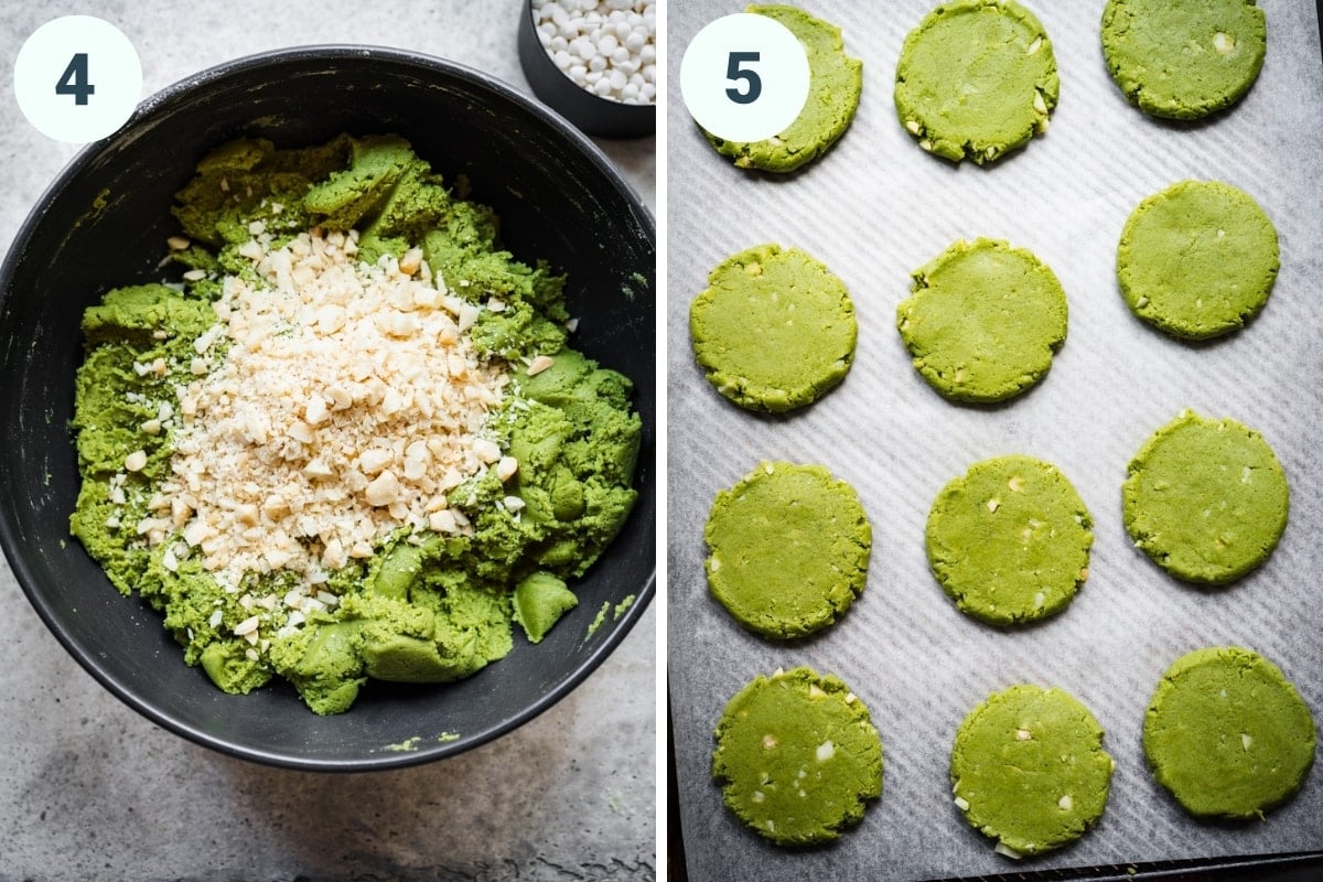 on the left: matcha cookie dough with chopped macadamia nuts. on the right: matcha cookie dough before baking. 