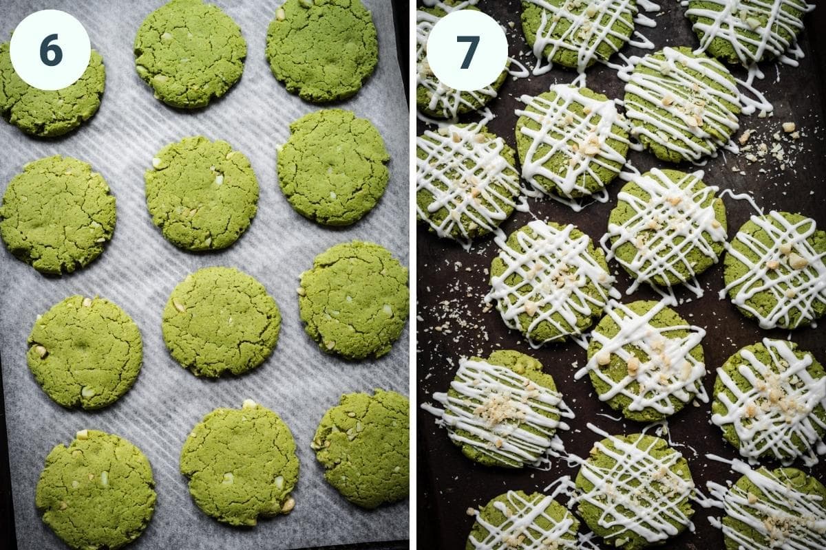Baked vegan matcha cookies before and after adding white chocolate drizzle. 