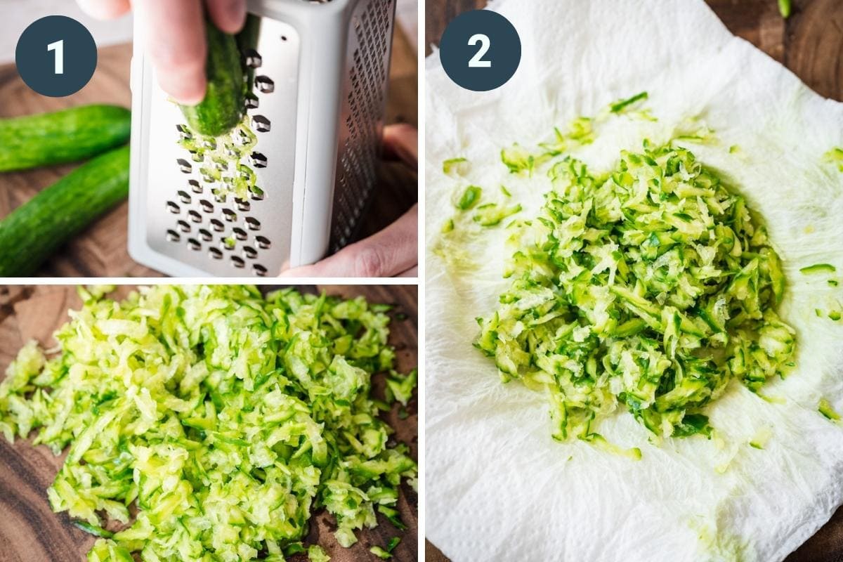 Grating cucumber on box grater and patting dry with paper towel. 