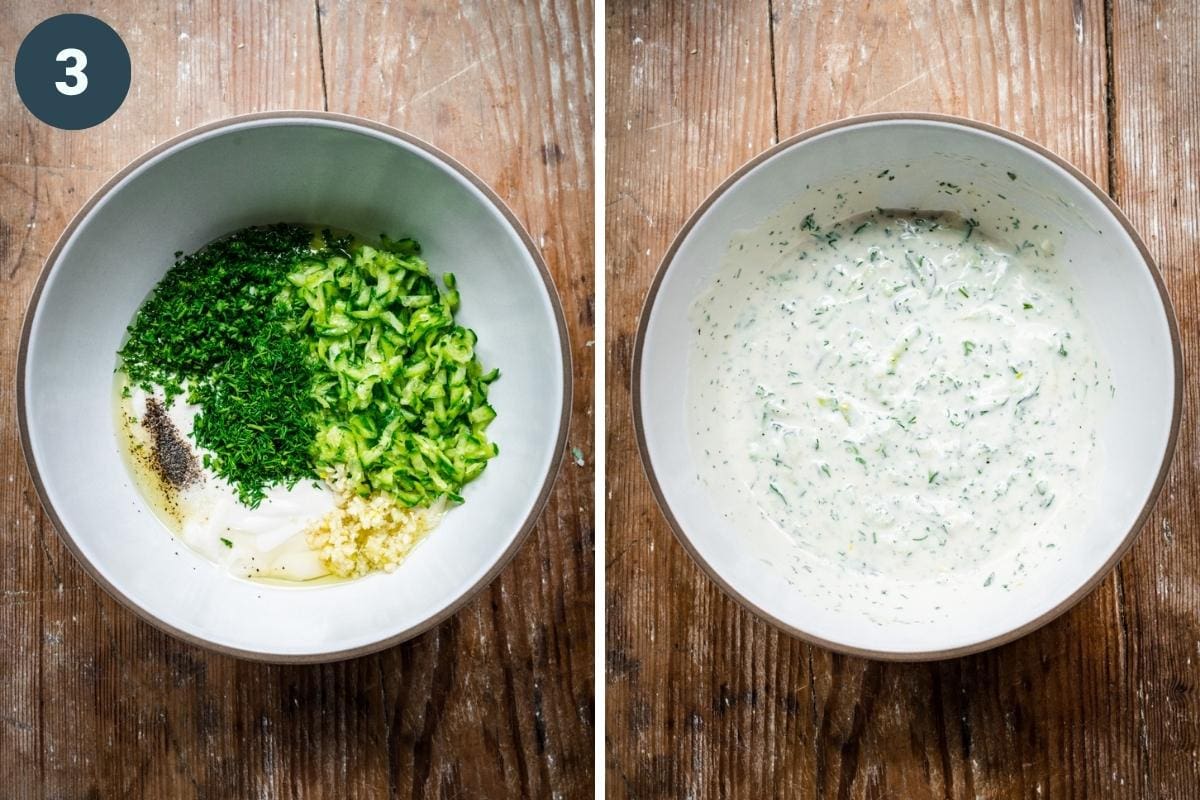 Before and after mixing together ingredients for vegan tzatziki in white bowl. 