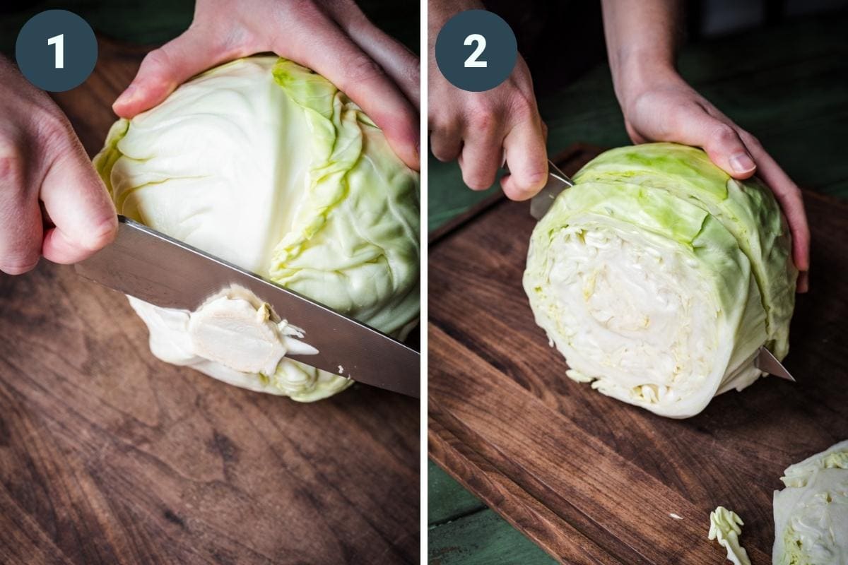 Preparing a cabbage for slicing into steaks. 