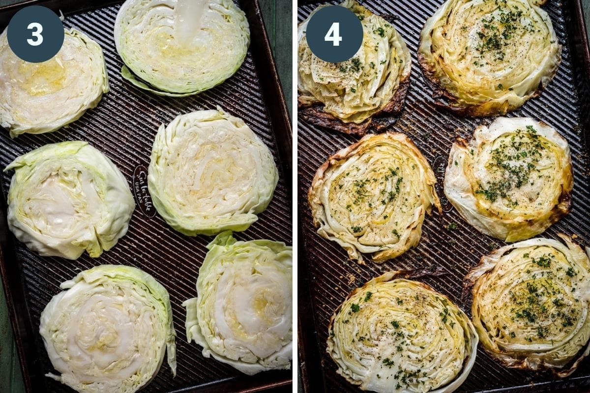 Cabbage steaks on a sheet pan before and after roasting. 