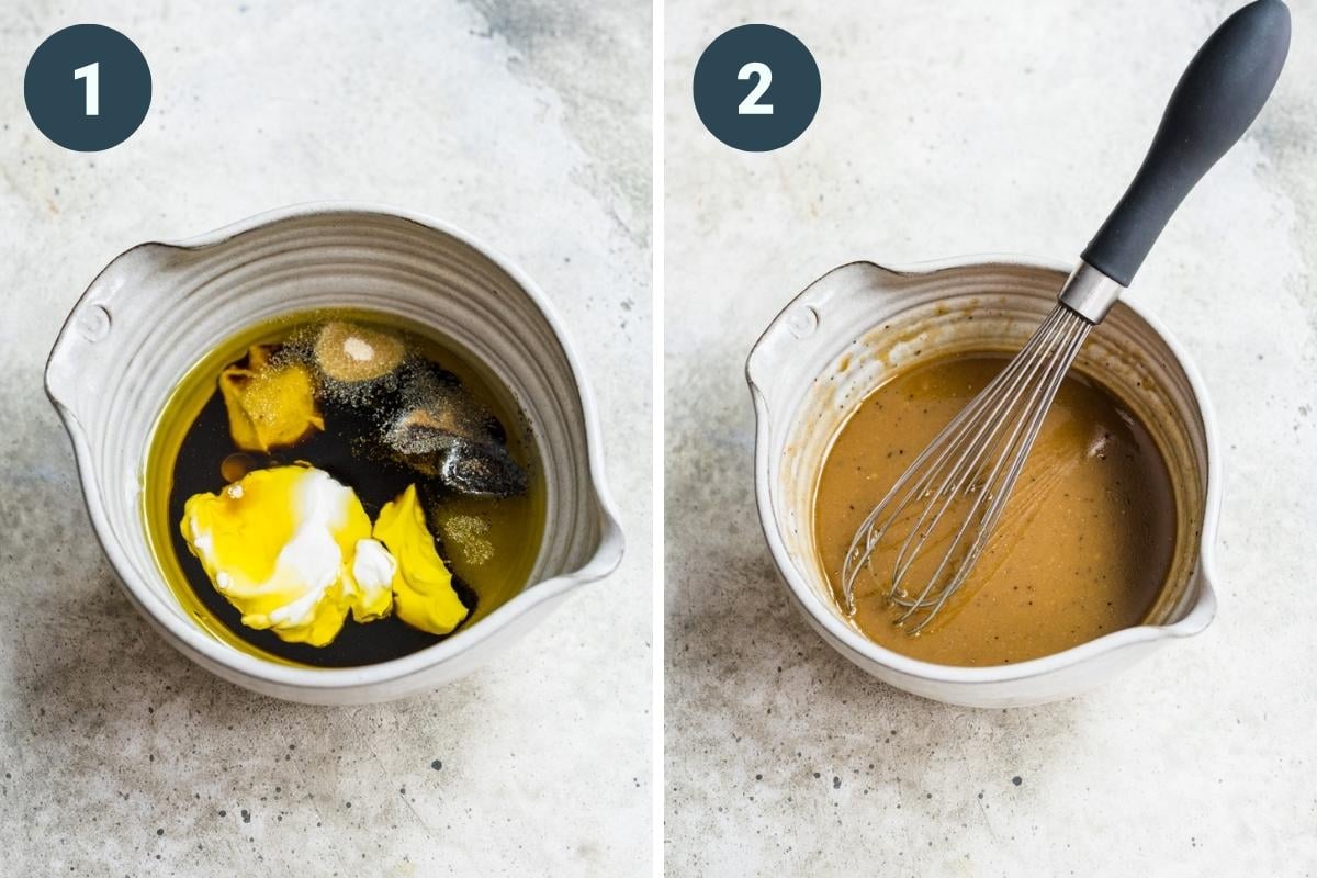 On the left: ingredients in a bowl. On the right: ingredients after being whisked together.
