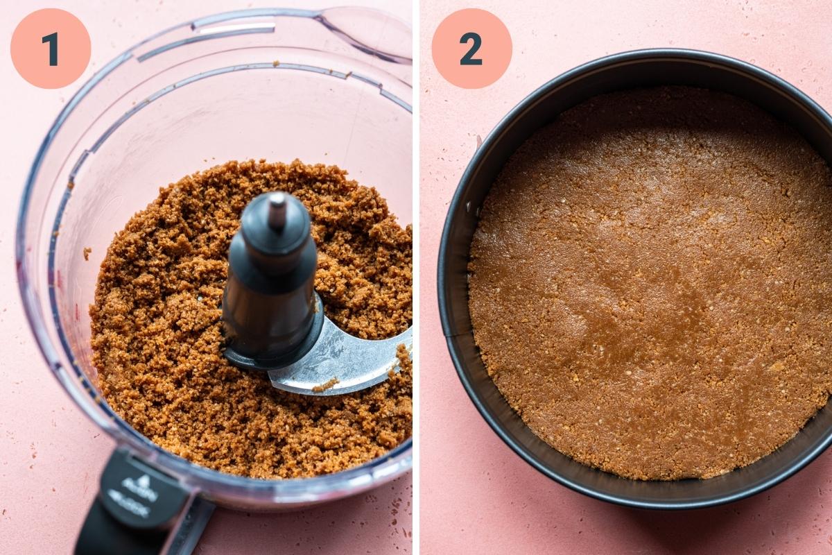 Graham cracker crust mixture in food processor and in cake pan. 