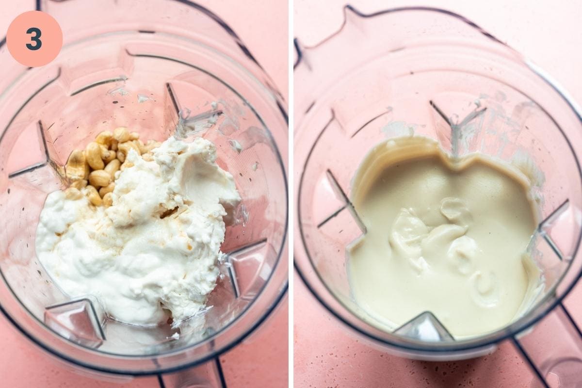Before and after blending ingredients for cheesecake filling. 