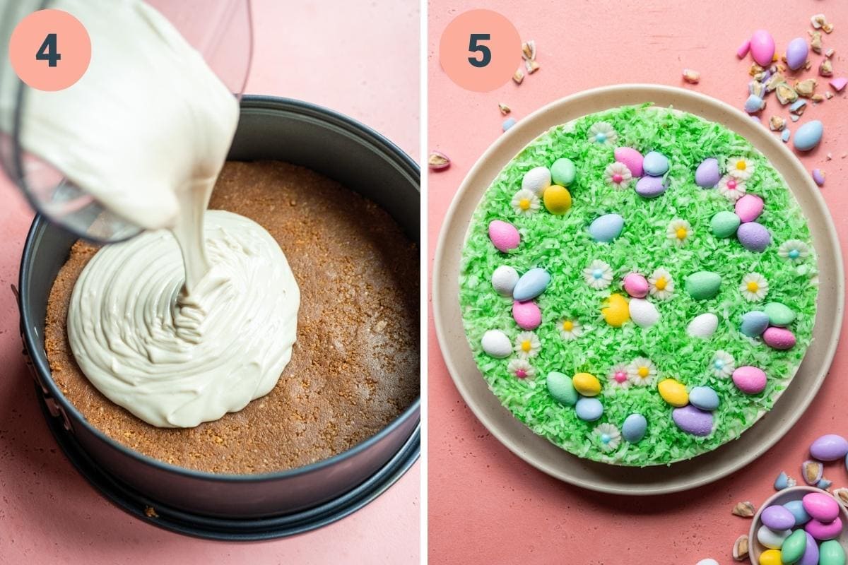on the left: pouring cheesecake filling on top of crust. on the right: finished easter egg cheesecake. 