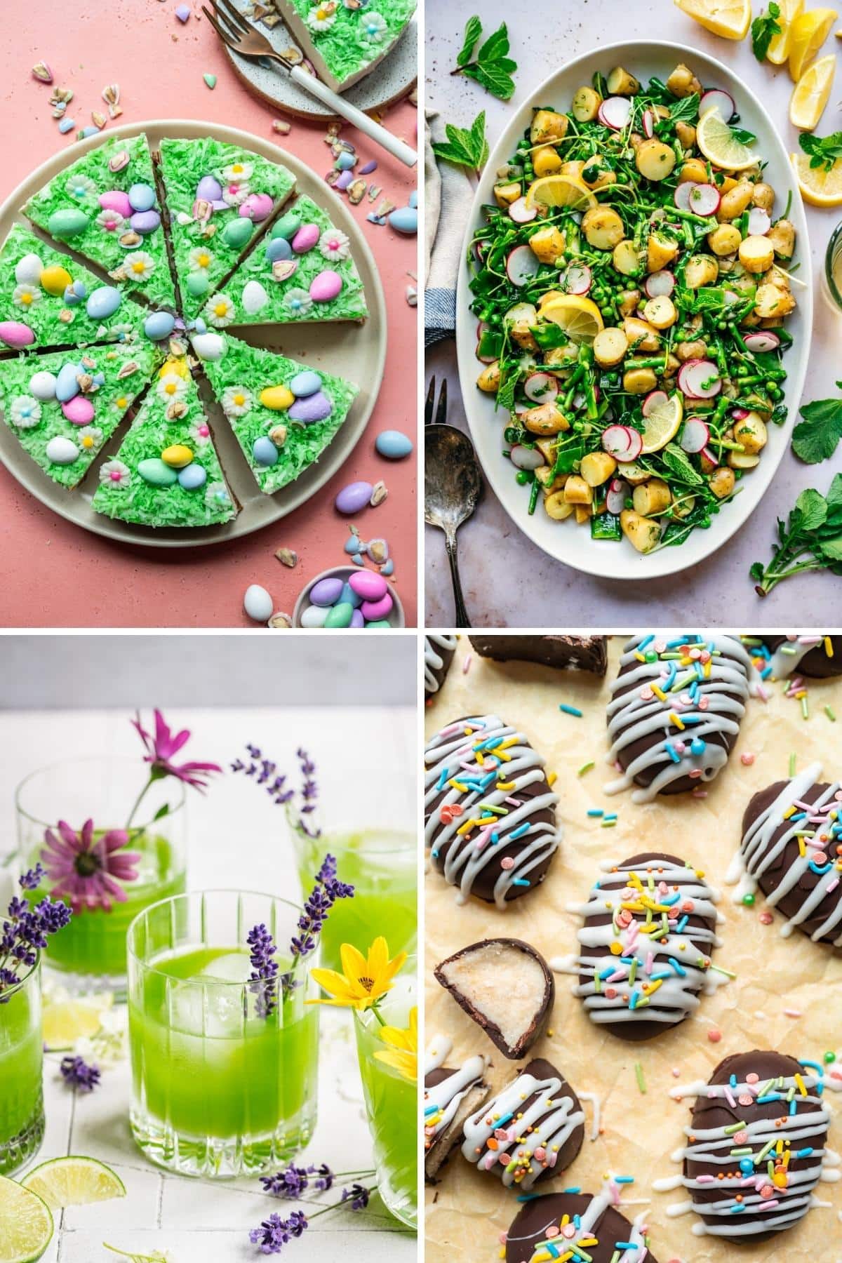 4 Easter recipes, including a cheesecake, spring potato salad, cucumber gin cocktail and coconut Easter eggs. 