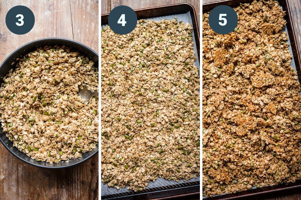 On the left: wet and dry stirred together. In the middle: granola spread out on a baking tray. On the right: granola after baking.