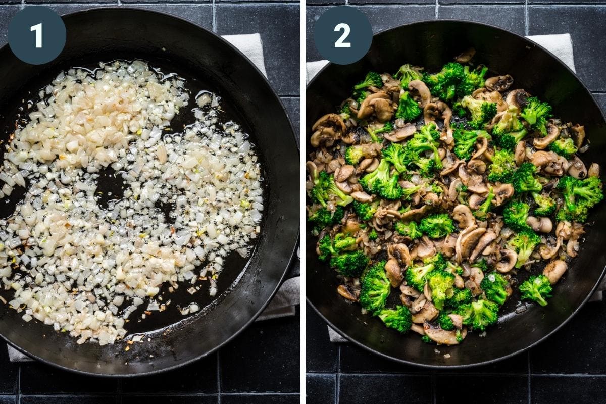 on the left: sautéed onion and garlic in pan. on the right: sautéd mushrooms and broccoli added to onion.