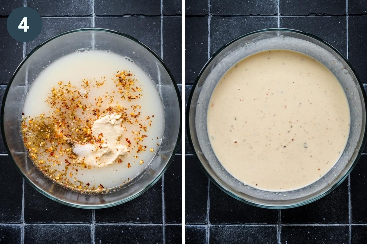 Before and after whisking together ingredients for hummus pasta sauce. 