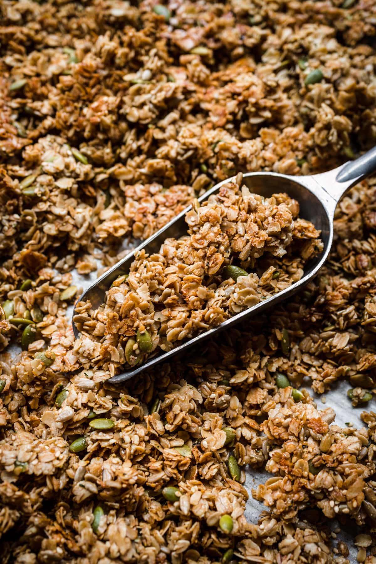 Front view of a scoop of gluten free and nut free granola.