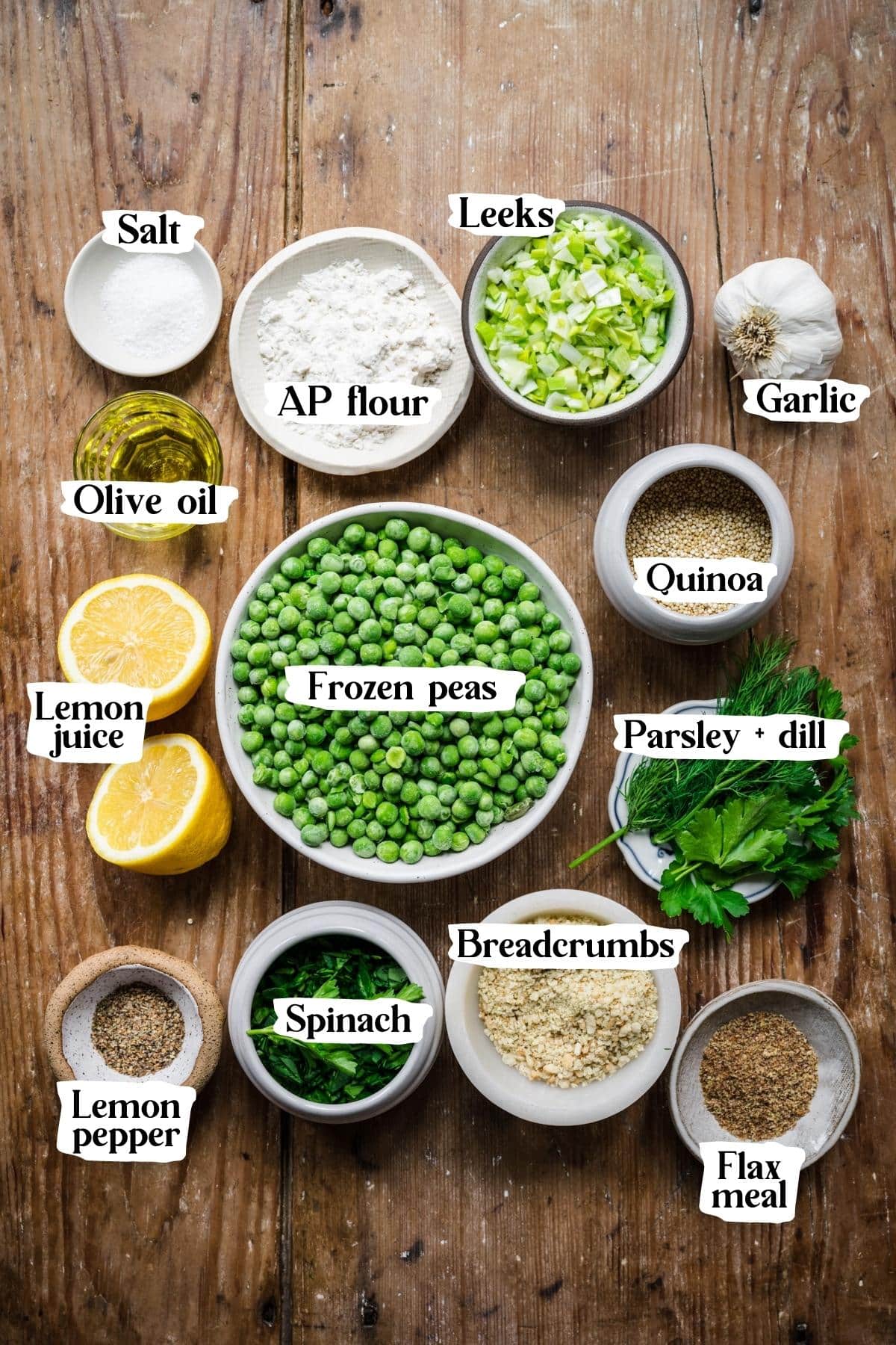 Overhead view of pea fritter ingredients, including frozen peas, lemon juice, and flour.