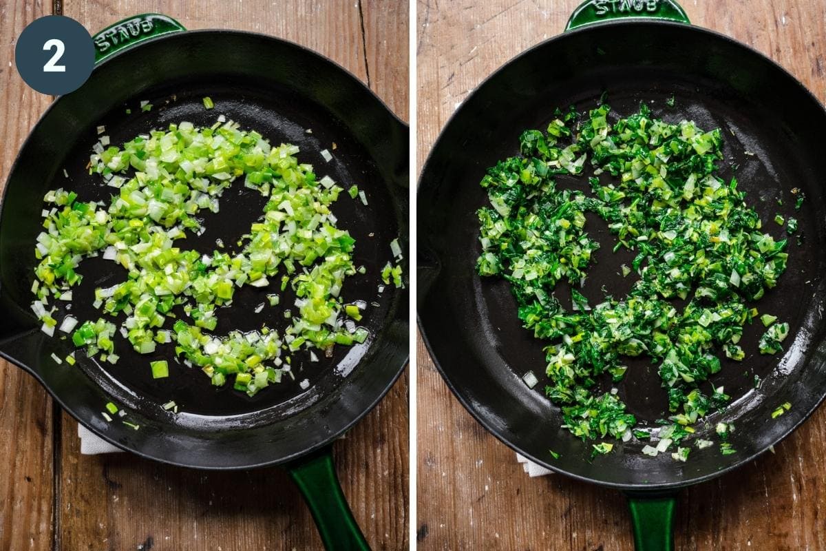 On the left: leeks added to a pan. On the right: spinach and the rest added and cooking away.