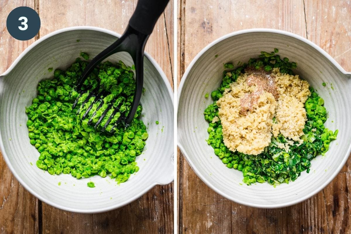 On the left: mashing peas with a hand masher. On the right: adding in quinoa and flax mixture.