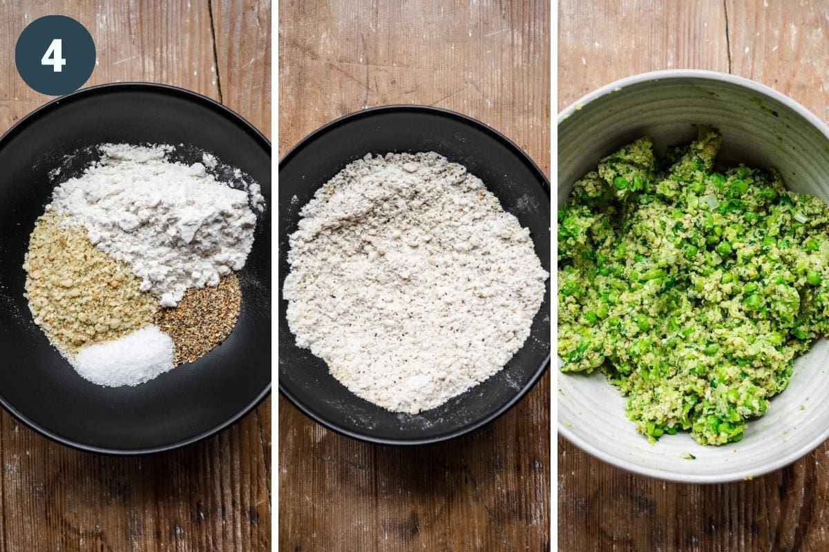 On the left: dry ingredients. In the middle: dry ingredients mixed together. On the right: final batter before cooking.