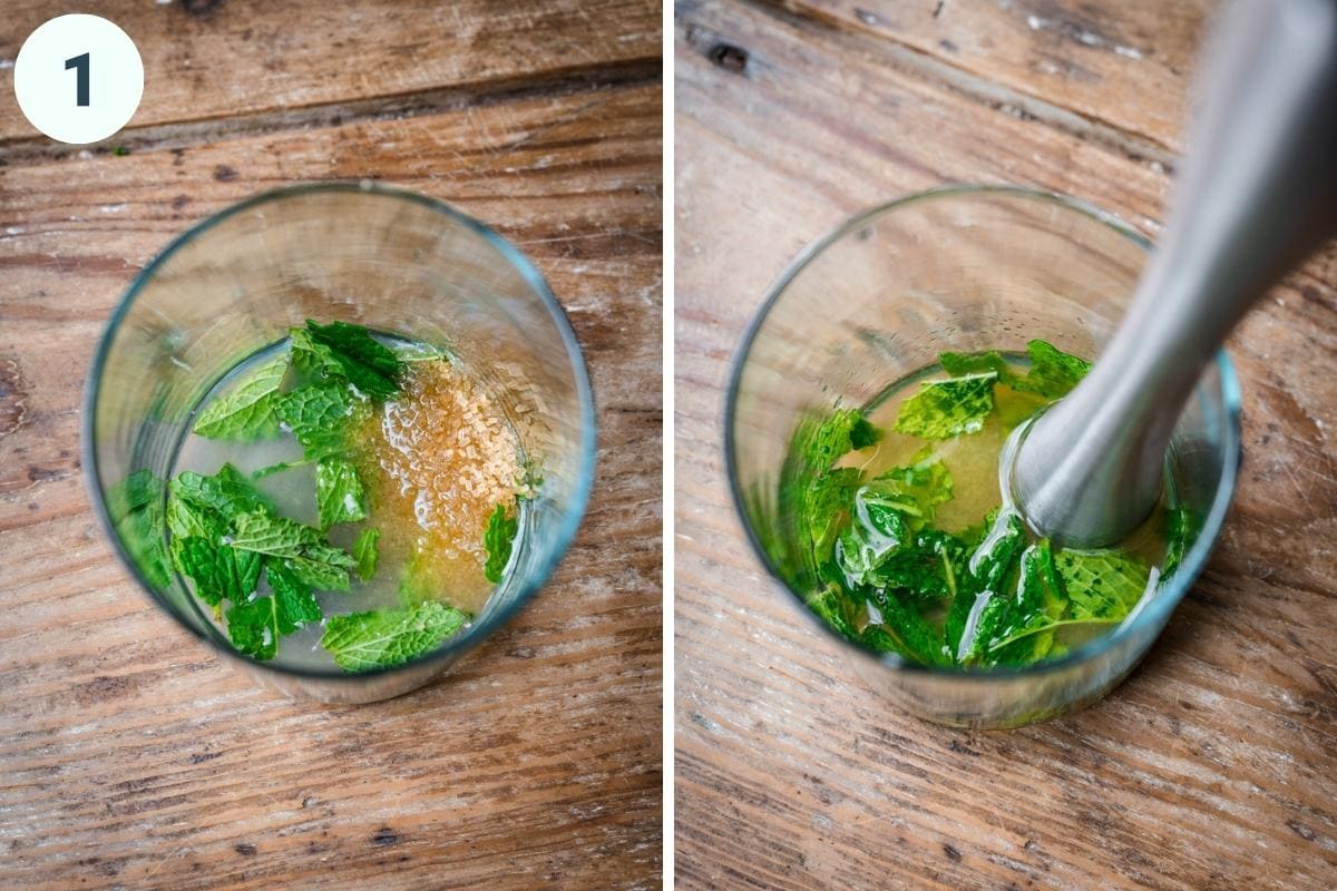 before and after muddling mint, sugar and lime juice. 