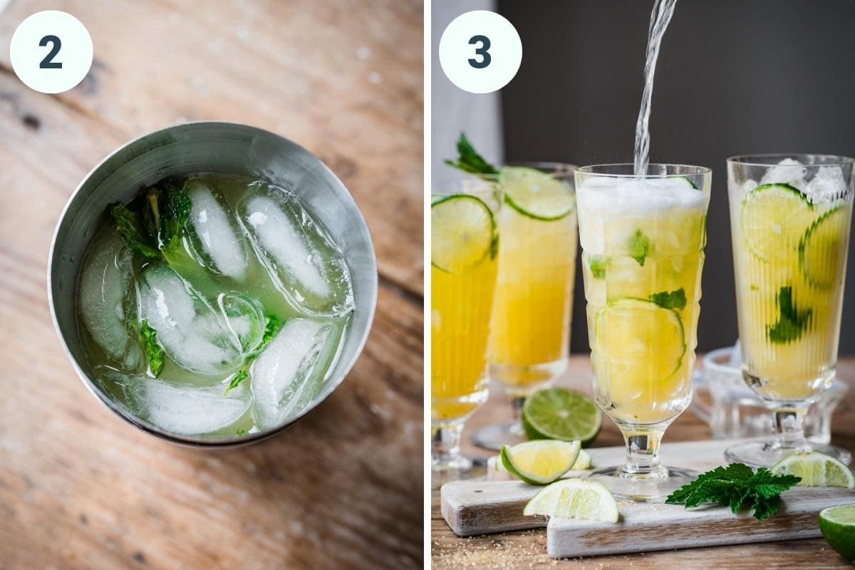 on the left: pineapple mojito ingredients in cocktail shaker. on the right: pouring sparkling wine into pineapple mojito. 