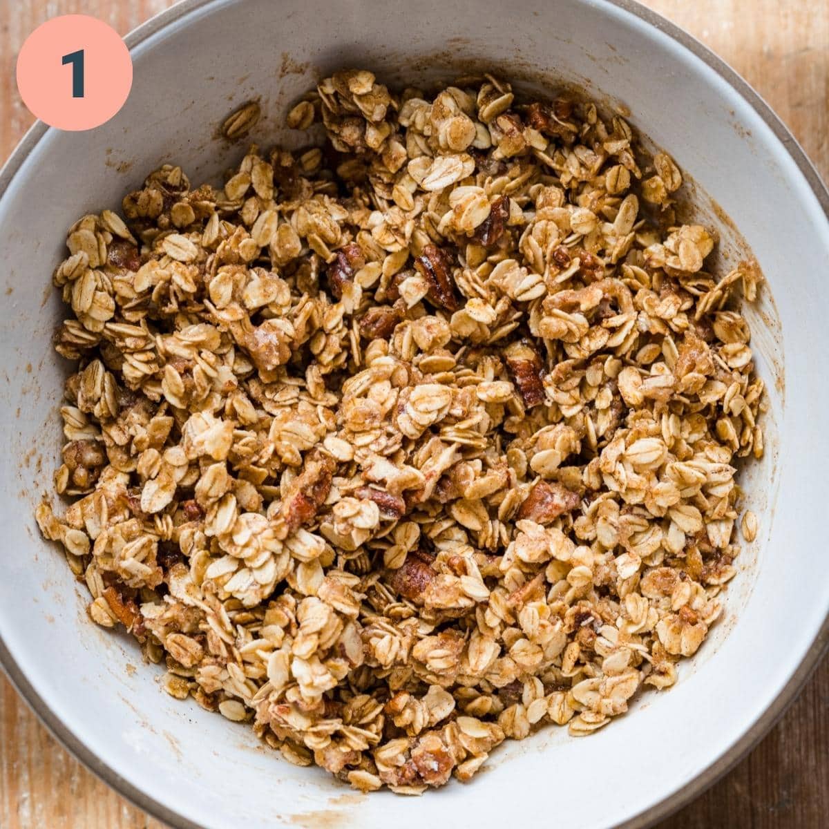 overhead view of crisp topping in bowl.