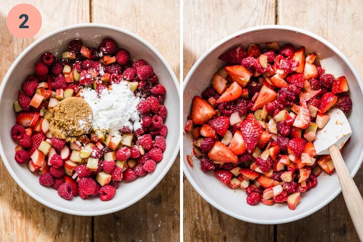 before and after stirring together filling ingredients for strawberry rhubarb crisp.