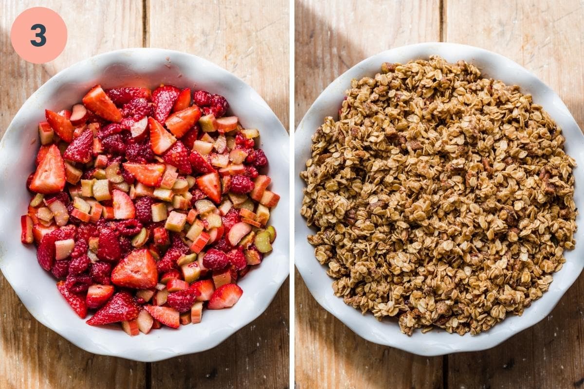 strawberry rhubarb crisp before and after adding streusel topping. 