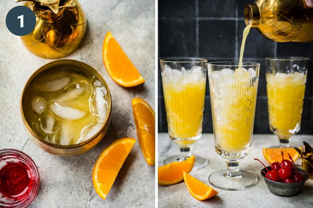 On the left: adding juice to cocktail shaker. On the right: pouring it out.