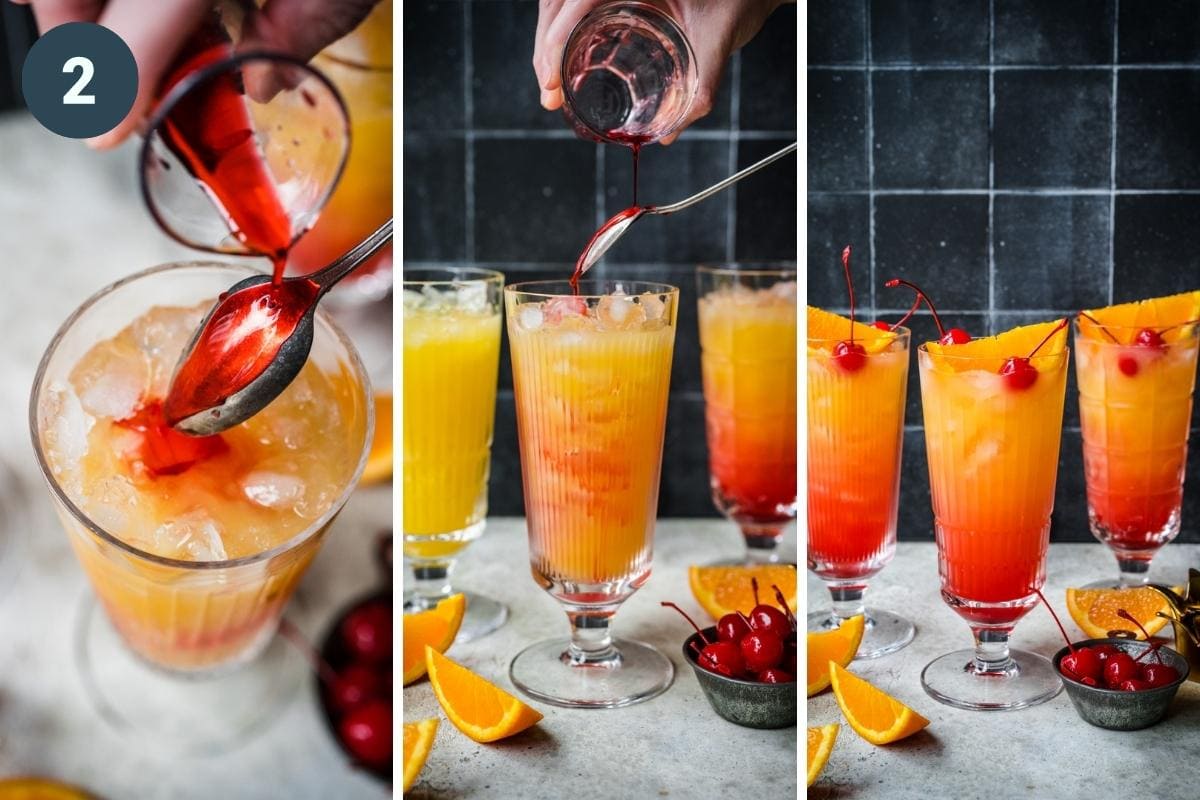 Adding grenadine syrup to cocktail by pouring over a the back of a spoon.