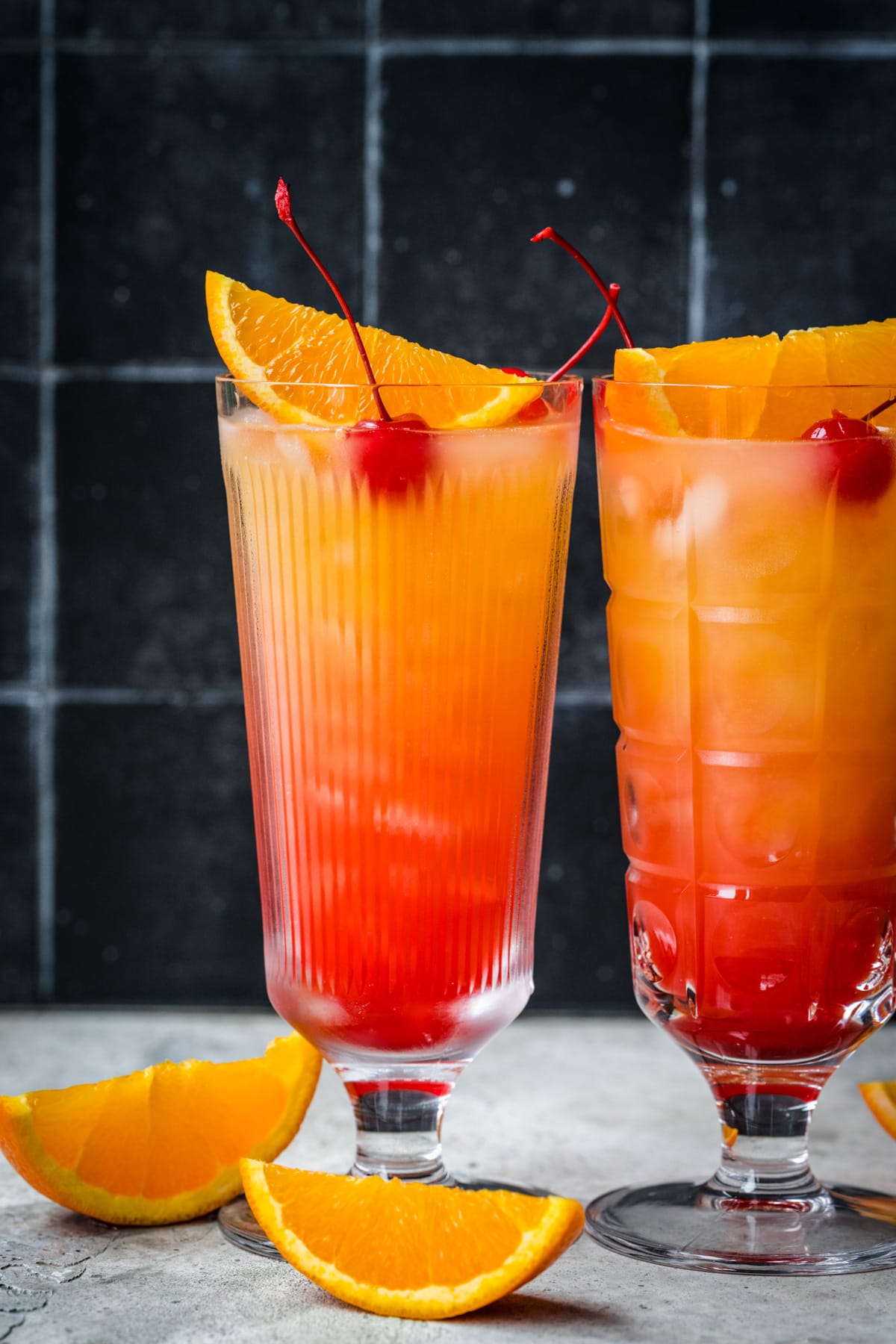 Close up view of tequila sunrise mocktail.