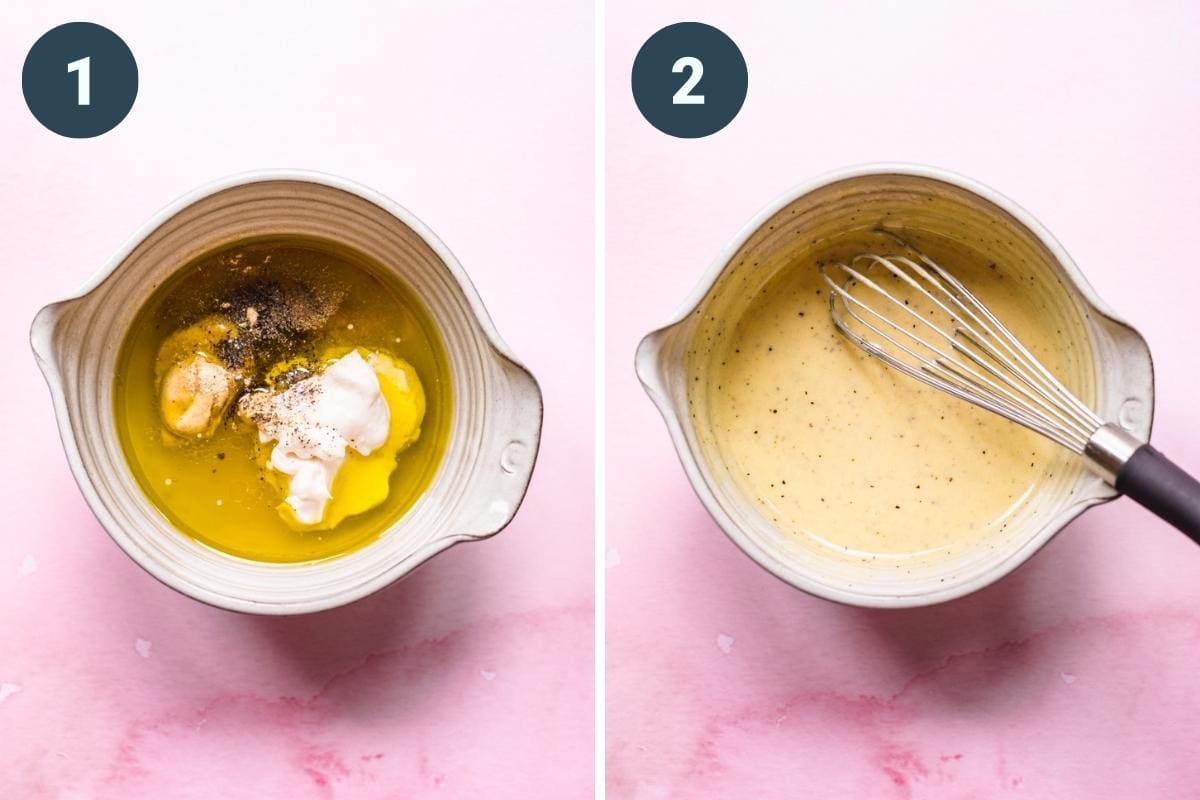 On the left: dressing ingredients in a bowl. On the right: dressing ingredients after being whisked together.