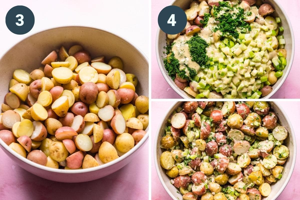 On the left: potatoes after boiling and chopping. On the right: salad before and after being mixed together.