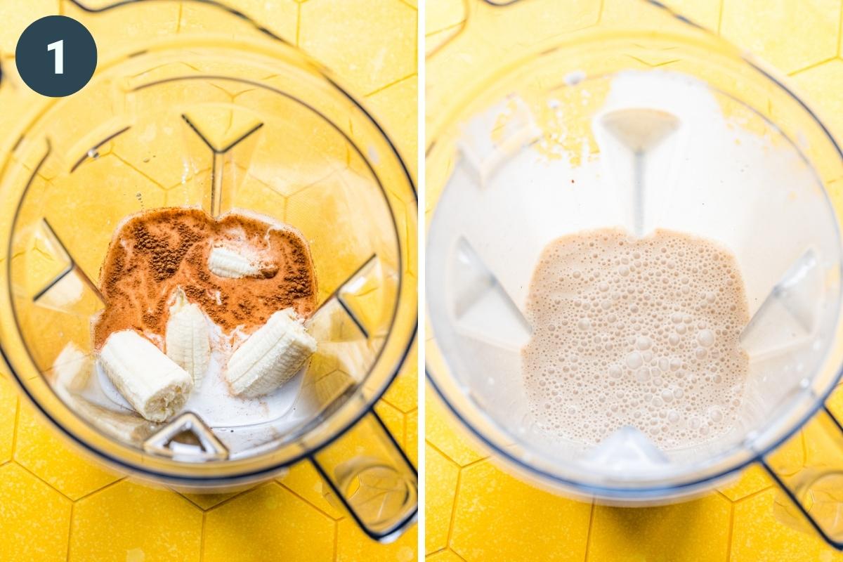 On the left: banana, milk, and spices in a blender. On the right: mixture after blending.