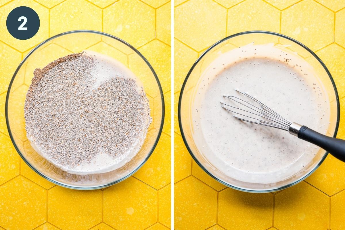 On the left: adding chia seeds to a bowl. On the right: whisking chia seeds in.
