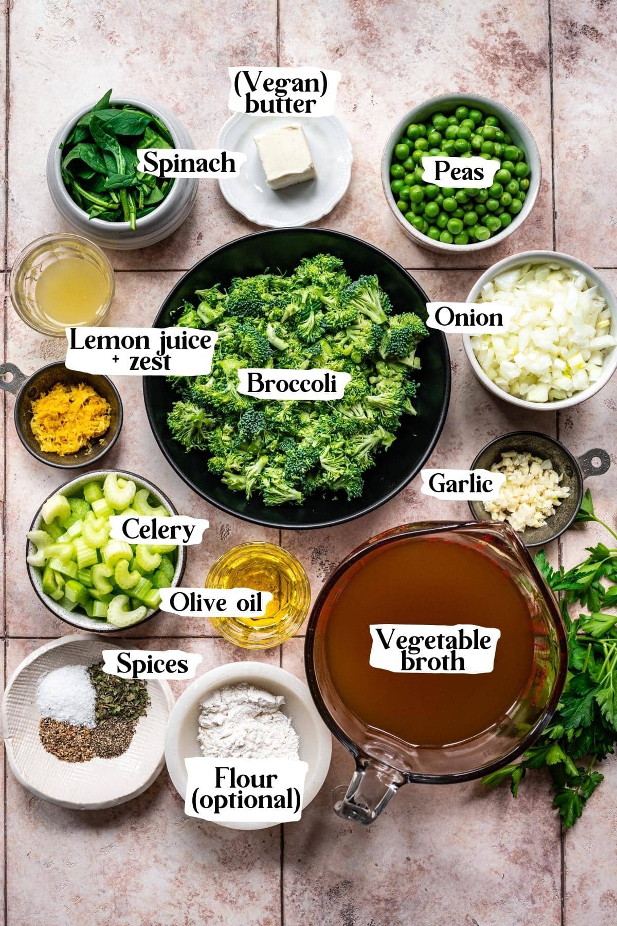 Overhead view of broccoli and pea soup ingredients.