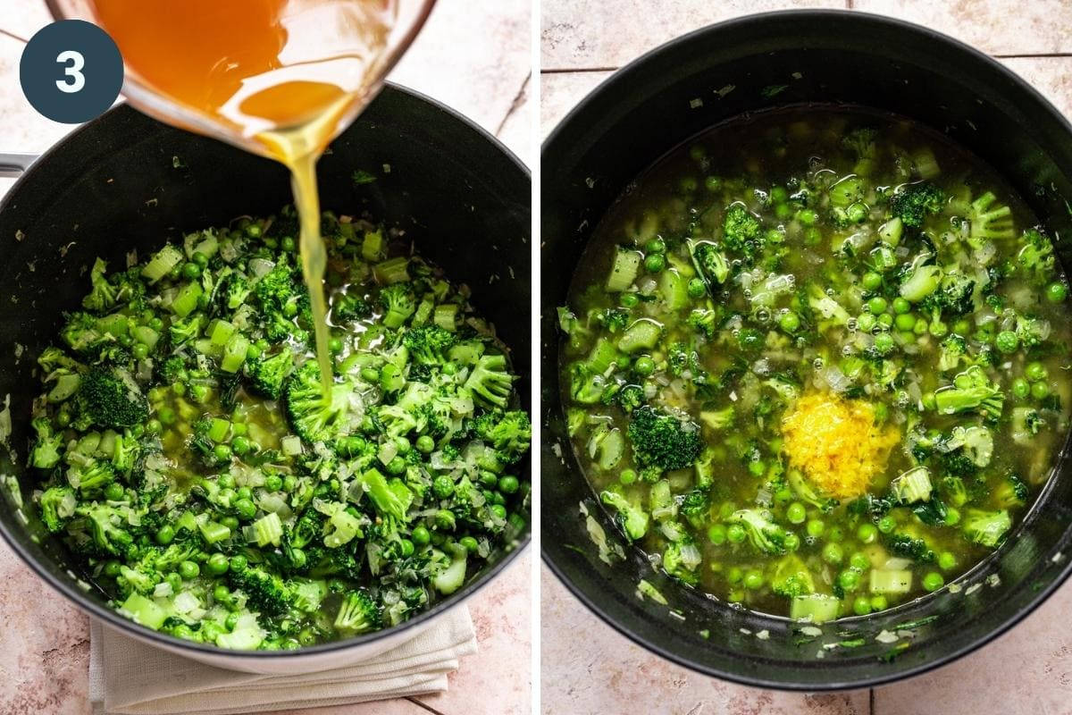 On the left: adding vegetable broth. On the right: adding lemon zest and other ingredients.